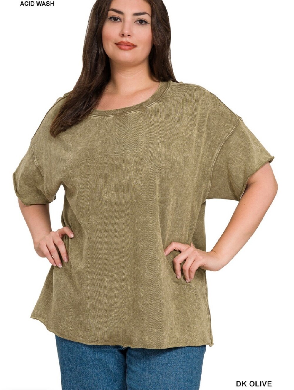 New Zenana Dark Olive Acid Wash French Terry Top